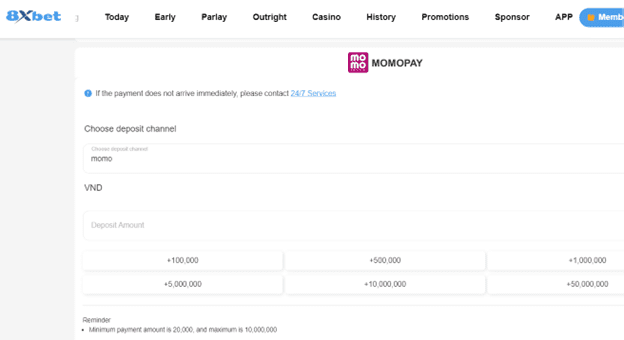 Hình ảnh tính năng thanh toán bằng MoMo trên 8xbet